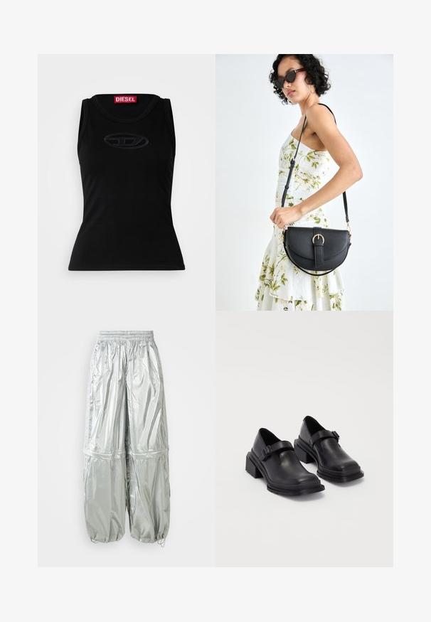 Črna brezrokavna majica iz mehkega bombaža, z diskretnim vtisnjenim logotipom na sredini in rdečo oznako blagovne znamke na ovratniku.; Svetlo sive lahke cargo hlače z sijočo teksturo, elastičnim pasom, nabranimi manšetami in dvema velikima sprednjima žepoma.; Črne usnjene čevlje z zaobljenim nosom, ravnim podplatom in trakcem z zaponko. Debel blokasti petnik za dodatno stabilnost.; Črna usnjena torbica s ukrivljeno obliko, z odstranljivo naramnico in zlatimi dodatki. Torbica ima pokrov s podrobnostmi v obliki zaponke.