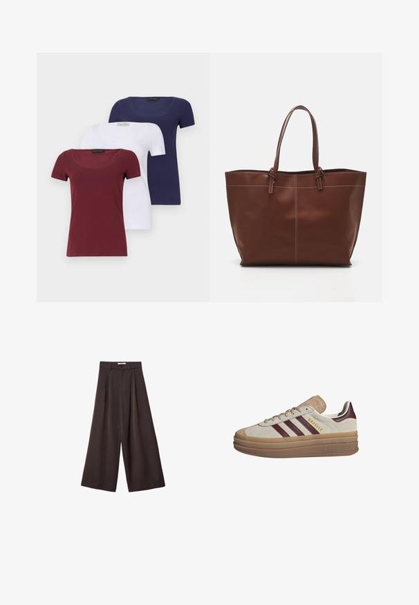 Zestaw trzech koszulek z krótkim rękawem: bordowa, biała i granatowa. Każda z nich ma dekolt w kształcie łodzi i dopasowany fason, wykonana z gładkiej mieszanki bawełny.; Czarne spodnie z szerokimi nogawkami i wysokim stanem, z plisami z przodu oraz zapięciem na guzik w talii, wykonane z gładkiego materiału.; Beżowe zamszowe sneakersy z bordowymi paskami, białymi akcentami, masywną przezroczystą podeszwą i wypukłym logo na boku. Sznurowany design.; Brązowa skórzana torba na ramię z podwójnymi uchwytami, charakteryzująca się kontrastowym przeszyciem i przestronnym designem, idealna do codziennego użytku.