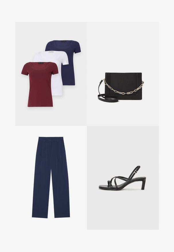 Set of three short-sleeve t-shirts: maroon, white, and navy. Each features a scoop neck and a fitted design, made from a smooth cotton blend.; Navy blue wide-leg pants made of soft fabric, featuring front pleats, a smooth texture, and a straight fit with no visible pockets.; Black strappy sandal with a square toe and a low block heel. Features multiple thin straps and an adjustable ankle strap. Made of smooth leather.; Black leather crossbody bag featuring a smooth texture, rectangular shape, and a metallic chain detail on the front. Adjustable strap included.