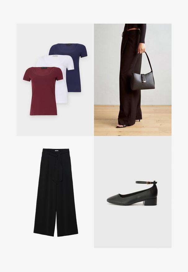 Trijų trumpomis rankovėmis marškinių rinkinys: raudonai rudas, baltas ir tamsiai mėlynas. Kiekvienas turi apvalų kaklą ir prilipusį dizainą, pagamintas iš lygaus medvilnės audinio mišinio.; Juoda plačių kojų kelnės, pagamintos iš tekstūruoto audinio, su elastingu juosmeniu ir atsegamu diržu juosmenyje, leidžiančiu reguliuoti dydį.; Juodas odinis aukštakulnis batelis su smailiu pirštu ir žemu bloku. Su kulkšnies dirželiu su auksinės spalvos sagtimi. Lygus paviršius.; Juodas rankinė struktūrizuota forma, lygi tekstūra ir metalinis užsegimas. Suporuota su plačiomis juodomis kelnėmis ir atvirais bateliais ant medinių grindų.