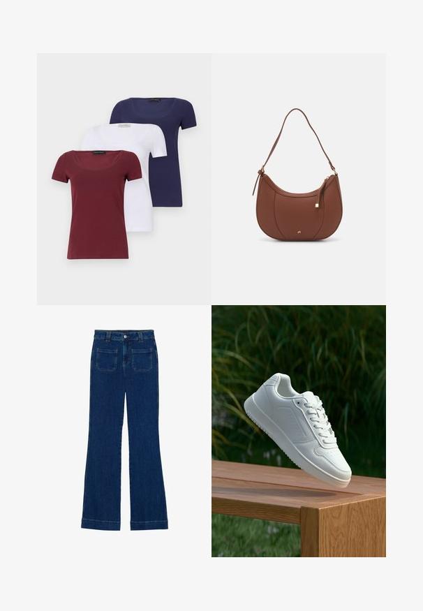 Sæt af tre kortærmede t-shirts: kastanjebrun, hvid og marineblå. Hver har en scoop neck og en tætsiddende design, lavet af en blød bomuldsblanding.; Mørkeblå flared jeans i denim med en glat tekstur, fem-lomme design og en knaplukning i taljen.; Hvid sneaker med en glat syntetisk overdel, perforeret tåboks, flade snørebånd og en tekstureret sål, præsenteret på en træoverflade.; Brun faux læder skuldertaske med buet form, minimal syning og en guldtonet hardwaredetalje. Har en top lynlåslukning og justerbar rem.