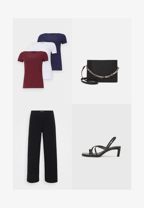 Set treh kratkih rokavov: temno rdeča, bela in mornarsko modra. Vsaka majica ima okrogel vratni izrez in oprijet kroj, izdelana je iz gladke mešanice bombaža.; Črne široke hlače s elastičnim pasom. Narejene iz teksturiranega materiala, se ponašajo z ohlapnim krojem in ravnim rezom od kolkov do roba.; Črne natikače s trakovi in kvadratnim prstom ter nizkim blokastim peto. Imajo več tankih trakov in nastavljiv trak okoli gležnja. Narejene so iz gladkega usnja.; Črna usnjena torba čez ramo z gladko teksturo, pravokotno obliko in kovinskim verižnim detajlom spredaj. Vključena je nastavljiva naramnica.