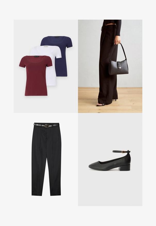 Trijų trumpomis rankovėmis marškinių rinkinys: raudonai rudas, baltas ir tamsiai mėlynas. Kiekvienas turi apvalų kaklą ir prilipusį dizainą, pagamintas iš lygaus medvilnės audinio mišinio.; Juodos kelnės su lygia medžiaga, turinčios pritaikytą juosmenį ir tekstūruotą pilką diržą su auksiniu sagtimi. Šiek tiek aptempti džinsai.; Juodas odinis aukštakulnis batelis su smailiu pirštu ir žemu bloku. Su kulkšnies dirželiu su auksinės spalvos sagtimi. Lygus paviršius.; Juodas rankinė struktūrizuota forma, lygi tekstūra ir metalinis užsegimas. Suporuota su plačiomis juodomis kelnėmis ir atvirais bateliais ant medinių grindų.