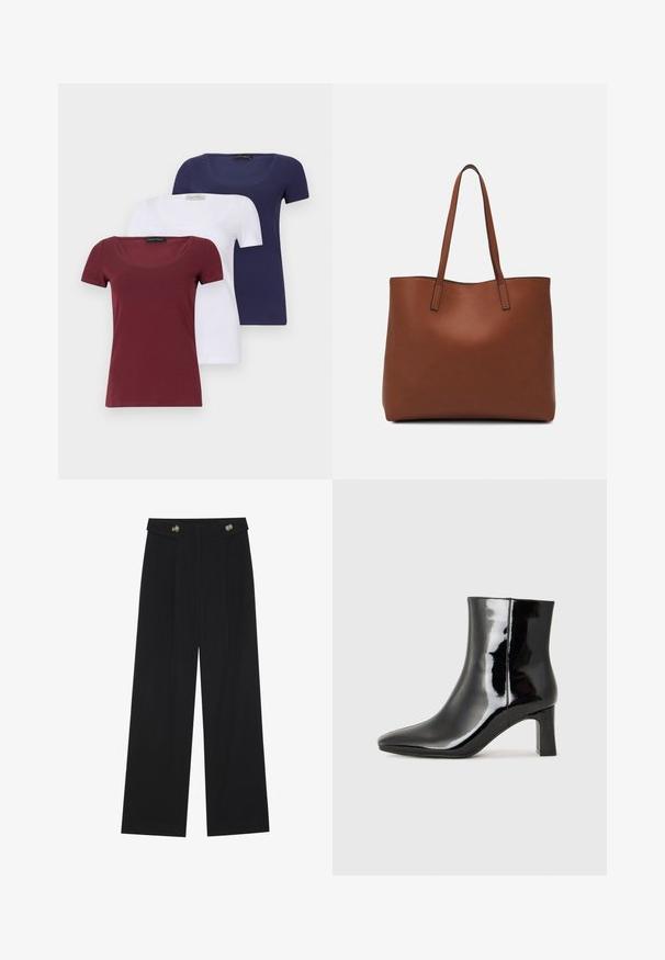 Sæt af tre kortærmede t-shirts: kastanjebrun, hvid og marineblå. Hver har en scoop neck og en tætsiddende design, lavet af en blød bomuldsblanding.; Sorte vide bukser med høj talje, knapdetaljer på taljebåndet og frontfald.; Sort lakeret ankelstøvle med spids tå og en midt-højde blokhæl. Glat tekstur og minimalistisk design.; Brun læder tote taske med en glat overflade, åben topdesign og to skulderremme. Har minimal syning og ingen synlig hardware.