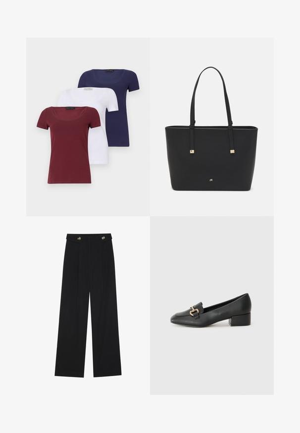 Set di tre t-shirt a manica corta: bordeaux, bianco e blu navy. Ognuna presenta un collo a giro e un design aderente, realizzata in un morbido mix di cotone.; Pantaloni neri a gamba larga con vita alta, dettagli con bottoni in vita e pieghe frontali.; Mocassini in pelle nera con tacco piatto, dotati di un dettaglio decorativo in metallo dorato nella parte anteriore e una superficie liscia.; Borsa a tracolla nera in materiale sintetico, con un design rettangolare semplice, dettagli quadri dorati e doppi manici.
