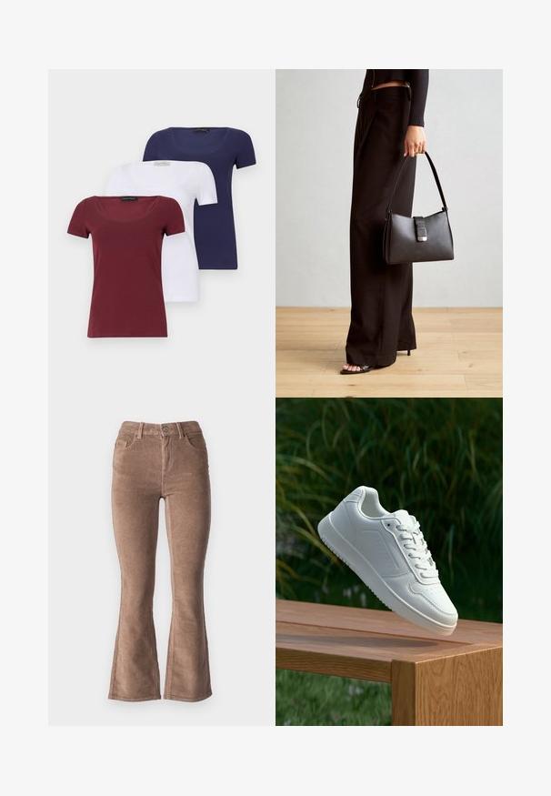 Sæt af tre kortærmede t-shirts: kastanjebrun, hvid og marineblå. Hver har en scoop neck og en tætsiddende design, lavet af en blød bomuldsblanding.; Brune fløjlsbukser med udvidede ben og ribbet tekstur, der har højt talje, fem lommer og en frontknaplukning.; Hvid sneaker med en glat syntetisk overdel, perforeret tåboks, flade snørebånd og en tekstureret sål, præsenteret på en træoverflade.; Sort håndtaske med struktureret form, glat overflade og metalspænde. Sammen med brede sorte bukser og sandaler med åben tå på trægulv.