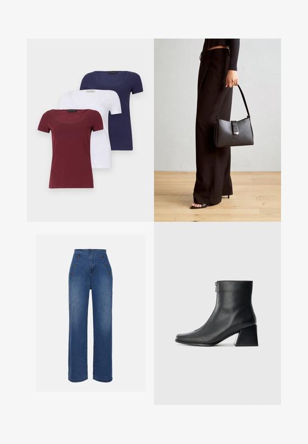 Három darab rövid ujjú póló szett: bordó, fehér és tengerészkék. Mindegyik felső kerek nyakú, testhezálló fazonú, sima pamut keverékből készült.; Közepesen kék, magas derekú farmernadrág. Elöl gombos részletek és széles szárú kialakítás jellemzi. Az anyaga sima tapintású, enyhén megfakult.; Fekete bőr bokacsizma négyzetes orral, oldalsó cipzárral és tömbsarkal, egyszínű világos háttér előtt.; Fekete kézi táska strukturált formával, sima textúrával és fémből készült záródással. Széles fekete nadrággal és nyitott orrú szandállal párosítva, fából készült padlón.