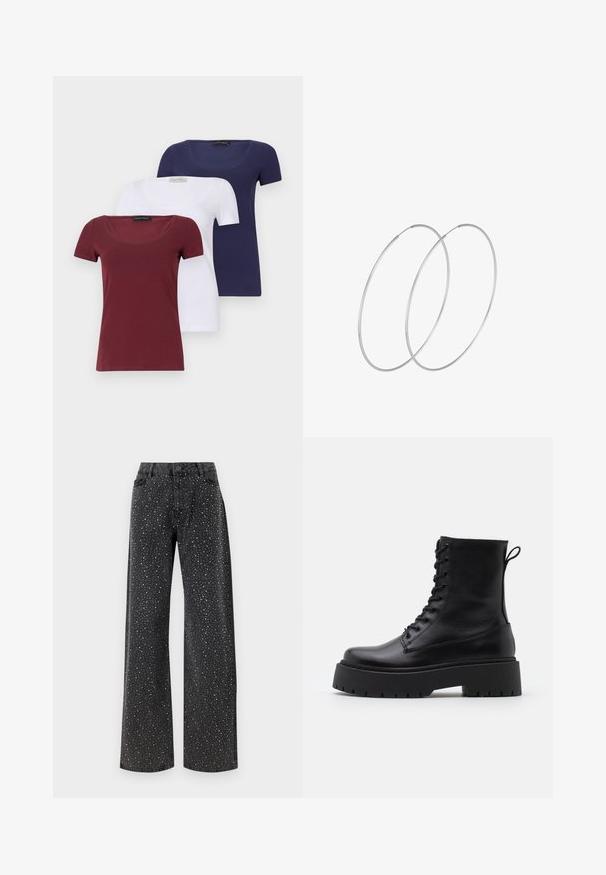 Sæt af tre kortærmede t-shirts: kastanjebrun, hvid og marineblå. Hver har en scoop neck og en tætsiddende design, lavet af en blød bomuldsblanding.; Noisy May NMJANNEL LOOSE - Jeans Relaxed Fit - black denim; Sorte læder ankelstøvler med rund tå, snørebånd foran og en tyk gummisål med struktureret slidbane. Hæfteløkke bagpå.; Sølvøreringe med et minimalistisk design. Cirkulær form, glat tekstur og tynd profil. Letvægtige med en poleret overflade.