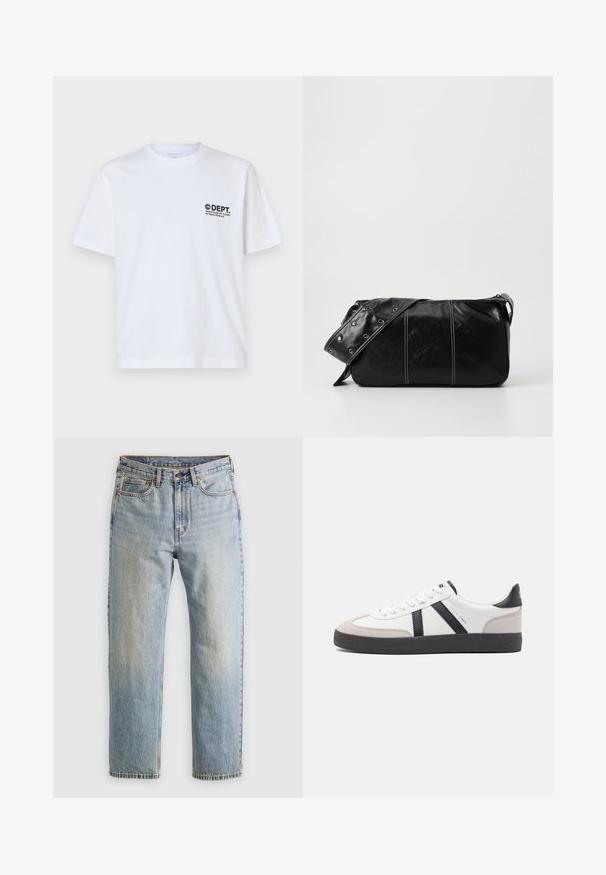 White cotton t-shirt with short sleeves, a crew neck, and a small black printed logo on the left chest area. Simple and basic design.; Light blue denim jeans with high waist, front button, zipper, and five-pocket design, laid flat on a neutral background.; White sneaker with black and gray accents, featuring a textured gray toe cap, black rubber sole, and flat white laces. Clean design, minimalist style.; Black leather shoulder bag with a zip closure, featuring a textured body, white stitching, and a strap with silver grommets.