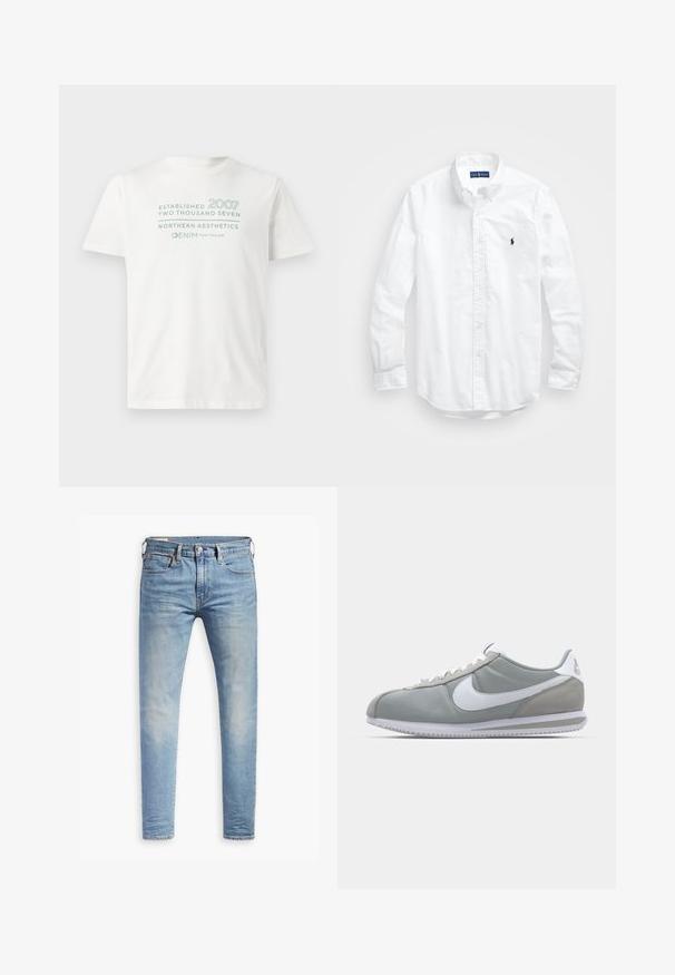 Fehér pamut póló, világoskék felirattal: "Established 2007" és "Northern Aesthetics", kerek nyakkivágással és rövid ujjakkal.; Fehér, hosszú ujjú, gombos férfiing pamutból. Klasszikus gallérral, gombos mandzsettával és egy kis sötétkék hímzett logóval a mellrészen.; Világoskék, slim fit farmernadrág enyhe kopással a combokon, elöl gombos záródással, övbujtatókkal és öt zsebbel, fehér háttérrel.; Szürke sportcipő velúr és textil felsőrésszel, fehér Nike pipa logóval és fehér fűzőkkel. Jellemzője egy texturált gumi talp és párnázott bokarész.
