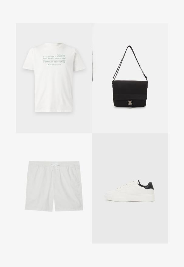 White cotton t-shirt featuring text "Established 2007" and "Northern Aesthetics" in light blue, with a crew neckline and short sleeves.; White cotton shorts with an elastic waistband and drawstring, featuring two side pockets and clean lines, offering a simple design.; White leather sneaker with embossed pattern, textured white midsole, and black heel accent. Features rounded toe and flat laces.; Black messenger bag made of smooth material, featuring a fold-over flap, silver clasp hardware, and an adjustable shoulder strap.