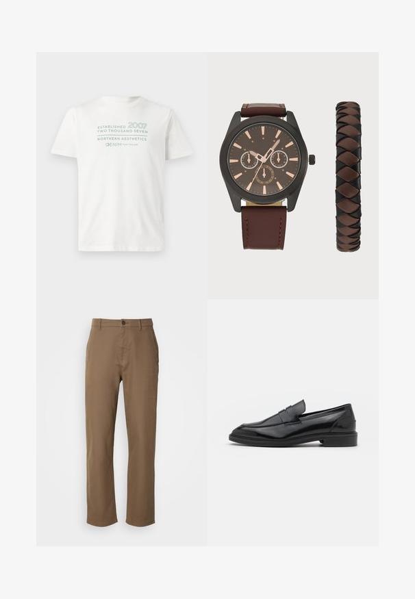 T-shirt de algodão branco com o texto "Estabelecido 2007" e "Aesthetics do Norte" em azul claro, com decote redondo e mangas curtas.; Calças castanhas de algodão com corte reto, fecho de botão e bolsos laterais. Apresentam uma textura suave e um design simples, sem embellishments.; Mocassins de couro preto com um acabamento suave, apresentando uma ponta arredondada e uma faixa estreita na parte superior. Salto baixo empilhado.; Pier One SET - Relógio - black/brown
