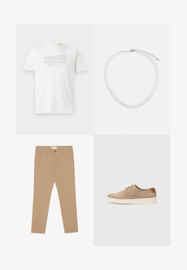 Valkoinen puuvillapaita, jossa on tekstit "Established 2007" ja "Northern Aesthetics" vaaleansinisellä, miehusta ympäri ja lyhyet hihat.; Kahki chinos valmistettu puuvillasekoitteesta, jossa on tasainen etuosa, kaksi sivutaskua ja yksi takatasku. Kevyt kangas, jossa on sileä pinta.; Beige nubuck-lenkkarit, joissa on pyöreä kärki, nauhakiinnitys ja teksturoitu takaosa. Valkoinen kumipohja tuo kontrastia. Yksinkertainen ja moderni muotoilu.; Valkoinen helminauha, jossa on tasainen pyöreä muoto, sileä pinta ja metallisolki, jossa on pidennysketju säädettävää pituutta varten.