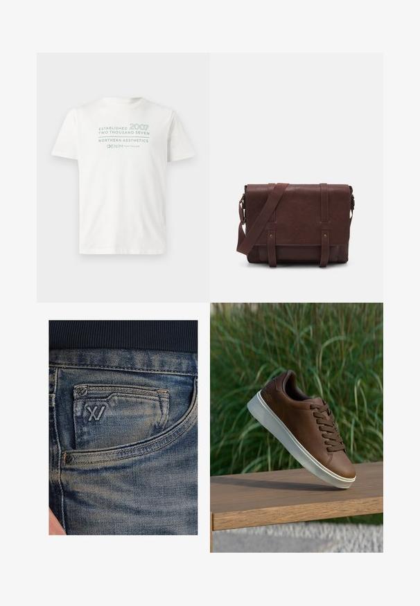 Hvid bomulds t-shirt med teksten "Etableret 2007" og "Northern Aesthetics" i lyseblå, med rund halsudskæring og korte ærmer.; Blå denimjeans med en falmet tekstur, med en møntlomme og en sort logodetalje foran. Taljebåndet er af mørk marineblåt ribstrikket stof.; Brune læder sneakers med hvid gummisål, rund tå og brune snørebånd. Tekstureret greb på sålen og glat overflade på det øverste.; Brun læder buddeltaske med en flad frontklap, to remme, guld hardware detaljer og en justerbar skulderrem.