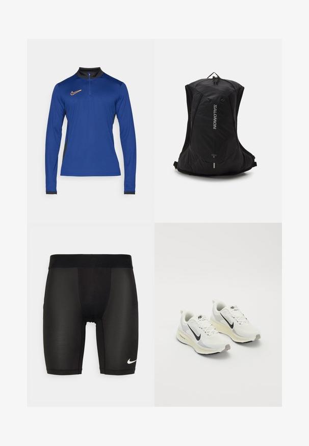 Dlhý rukáv atletická tričko v jasne modrej farbe s čiernym golierom, polovičným zipsom a oranžovým logom Nike na hrudi. Textúrovaný, vlhkosť odvádzajúci materiál.; Čierne športové šortky vyrobené z hladkej, elastickej textílie. Obsahujú široký pás so zvýraznenou značkou a malým bielym logom na nohe.; Bežecké topánky vyrobené z bielej priedušnej sieťoviny s svetlo šedými akcentmi. Majú čierne logo Swoosh a svetlo šedú gumovú podrážku.; Salomon CROSS 8 - Ruksak - black