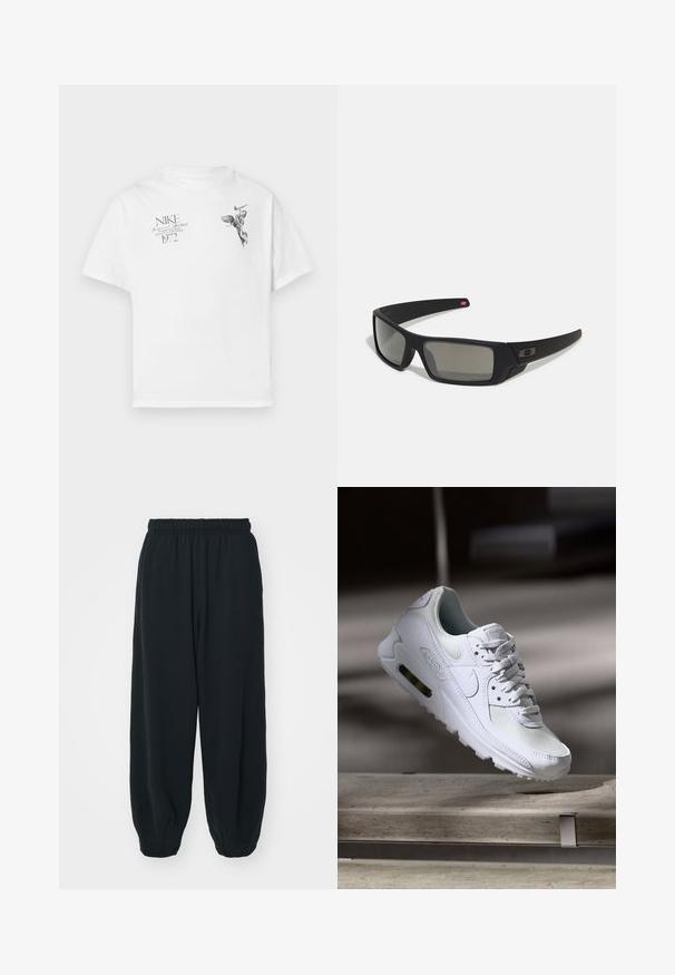 White cotton t-shirt featuring a black graphic print of a winged figure and text, with a crew neck and short sleeves.; Black, elasticated-waist sweatpants with a loose fit, cuffed ankles, smooth texture, and no visible patterns or hardware accents.; White Nike Air Max 90 sneaker featuring a mesh and leather upper, perforated toe box, and a visible air unit in the heel.; Black sunglasses with a matte finish, rectangular lenses, slight curve on temples, subtle logo detail, and smoke-tinted lenses.