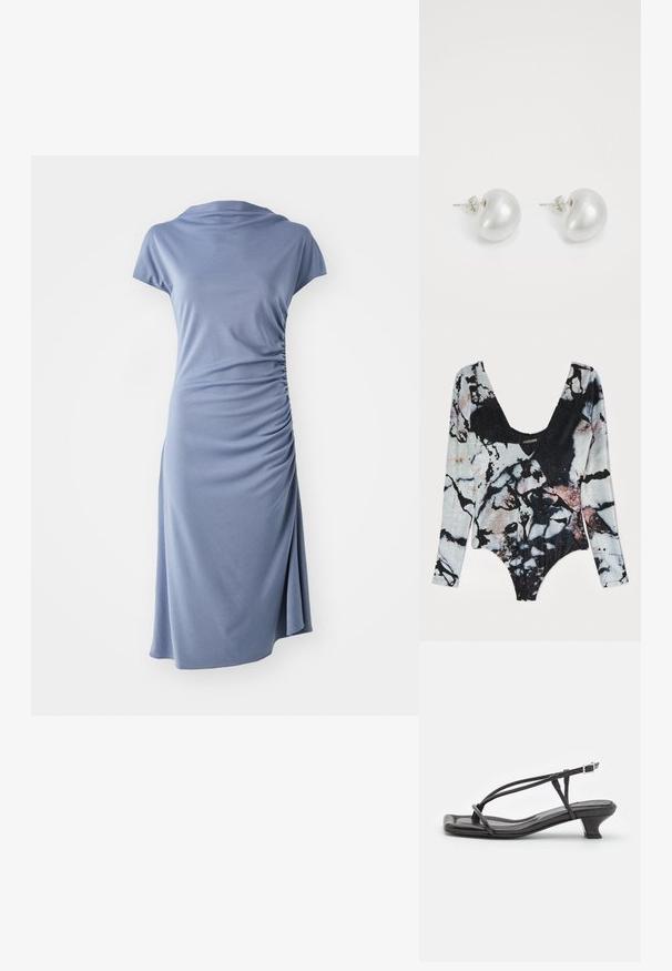 Ilgomis rankovėmis bodis marmuro raštu, turintis gilią apykaklę, tekstūruotą audinį ir ryškias juodas, pilkas bei rožines spalvas.; Šviesiai mėlynos spalvos trumpas rankovėmis suknelė, turinti apykaklės iškirptę ir šoninius raukšlėjimus, su laisvu siluetu ir iki kelių siekiančia apatine dalimi.; Juodas odinis šlepetės su plonomis dirželiu, mažu blokuoju kulnu ir kvadratiniu pirštu. Yra sagties uždarymas ir lygus paviršius.; Balta tekstūruota sankabos rankinė su susiraukšlėjimo dizainu, turinti auksinę grandinėlę. Lygaus paviršiaus su subtiliomis bangomis ir suapvalintais kraštais.; Sidabriniai perlų auskarai su kreivai suformuota pupelės forma. Lygus, blizgus paviršius, uždaromi segtuku ir atgaline fiksacija.