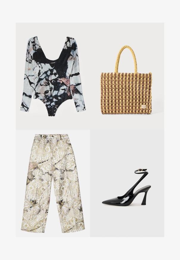 Pitkähihaisen bodysuitin marmorikuosi, jossa on syvä pyöreä kaula-aukko, tekstuuri kangasta ja elinvoimaisia mustia, harmaita ja vaaleanpunaisia värejä.; Vaatteet leveälahkeiset housut, jotka on valmistettu teksturoidusta kankaasta, jossa on kultainen ja musta damaskikuvio valkoisella taustalla, korkea vyötärön malli.; Musta patenttinen nahka slingback-korkokengät, joissa on teräväkärkinen muoto, säädettävä nilkkastrappi ja kohtuullinen lohkokorko. Sujuva pinta kiiltävällä viimeistelyllä.; Kudotasku ruskeana ja keltaisena, jossa on suorakulmainen muoto, kaksi kantohihnaa ja teksturoitu pinta, jossa näkyvät ompeleet ja brändilappu.