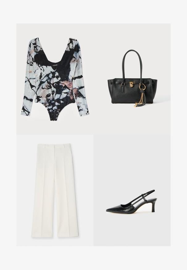 Body z długim rękawem w marmurkowym wzorze, z głębokim dekoltem w serek, teksturowanym materiałem oraz żywymi kolorami czerni, szarości i różu.; Spodnie o szerokich nogawkach w jasnym kremowym kolorze, o gładkiej fakturze, z fałdami z przodu oraz dwiema kieszeniami po bokach. Zaprojektowany fason z dopasowanym paskiem.; Czarne lakierowane czółenka na obcasie typu slingback z wąskim noskiem, z teksturowanym wzorem wężowym, regulowanym paskiem oraz krótkim, teksturowanym obcasem w kształcie słupka.; Czarna skórzana torebka na podwójnych uchwytach, ze złotym zamkiem i łańcuszkiem, a także czarno-białym ozdobnym frędzlem na białym tle.