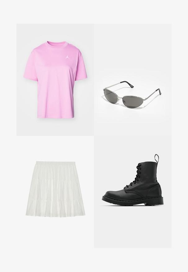 Jordan TEE - Basic T-shirt - orchid; White, tiered skirt with a textured finish. Features an elastic waistband and layered ruffles, creating a flowy silhouette.; Black leather combat boot with a round toe, lace-up front, and a pull tab at the ankle. Features a thick rubber sole for durability.; Sunglasses with a sleek, silver metal frame, gray tinted lenses, and an aerodynamic design featuring pointed edges and thin arms.
