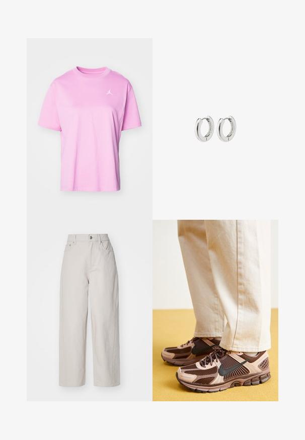 Jordan - T-shirt basic; Beżowe spodnie bawełniane o szerokich nogawkach, z wysokim stanem, zapinane na guzik i zamek, z czterema kieszeniami; gładka tekstura z wykończeniem denimowym.; Sneakers Nike charakteryzują się połączeniem brązowej i jasnoróżowej siateczki oraz gumy, z czarnymi akcentami i teksturowaną podeszwą, zestawione z beżowymi spodniami.; Srebrne kolczyki na kółkach o polerowanym wykończeniu, z okrągłym wzorem i bezszwowymi zawiasami, charakteryzujące się gładką teksturą.