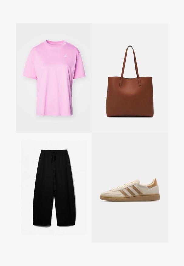 Jordan TEE - Jednoduché tričko - orchid; Černé široké kalhoty s elastickým pasem a šňůrkou. Měkká tkanina s hladkým povrchem. Rovný střih s bočními švy.; Béžové semišové tenisky s světle hnědými akcenty. Mají tři hnědé pruhy, texturovanou gumovou podrážku a zaoblený design špičky.; Hnědá kožená taška přes rameno s hladkou texturou, otevřeným designem a dvěma ramenními popruhy. Obsahuje minimální švy a žádné viditelné kovové prvky.