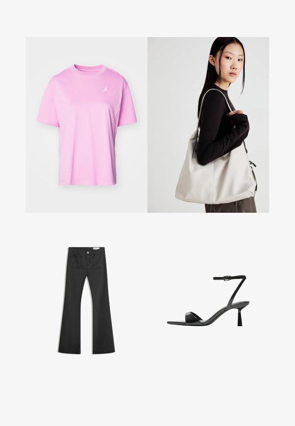 Jordan TEE - Tricou basic - orchid; Blugi negri evazați din denim cu o textură netedă, având două buzunare la spate și închidere cu buton la talie.; Bershka Sandale cu toc - black; Geantă bej din material moale, cu un design lejer, detalii cusute și două bretele pentru umăr. Potrivită pentru utilizarea zilnică.
