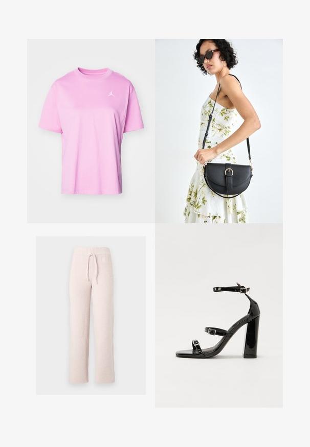 Jordan TEE - T-paita - orchid; Vaaleanpunaiset fleece-pyjama-housut, joissa on teksturoitu pinta, joustava vyötärö ja säädettävä nauha. Suorat lahkeet, pehmeä kangas.; Musta kiiltävä korkokenkä sandaalit neliönmuotoisella varpaalla, nilkkaremmillä ja hopeisilla soljilla. Varustettu tukevalla lohkokorkealla vakauden takaamiseksi.; Musta nahkainen käsilaukku, joka on kaareva muotoilultaan, irrotettavalla hihnalla ja kultaisilla yksityiskohdilla. Laukussa on läppä, jossa on solk yksityiskohta.