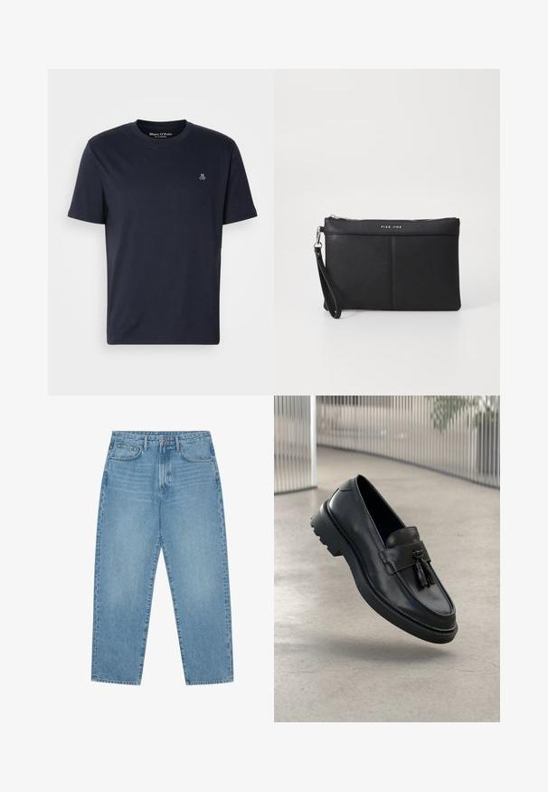 Námořnická modrá bavlněná tričko s krátkými rukávy, kulatým výstřihem a malým vyšívaným logem na hrudi. Hladká textura, casual design.; Světle modré džínové kalhoty se střihem rovného střihu, pěti kapsami a mírně vybledlou texturou. Mají zapínání na knoflík a zip.; Černé kožené mokasíny s hladkým povrchem, dekorativní střapec, silná gumová podrážka a prošité detaily. Lehký a elegantní design.; Černá syntetická kabelka s uzávěrem na zip, rukávovou šňůrkou a hladkým povrchem. Obsahuje jemné prošívání a logo vyražené na přední straně.