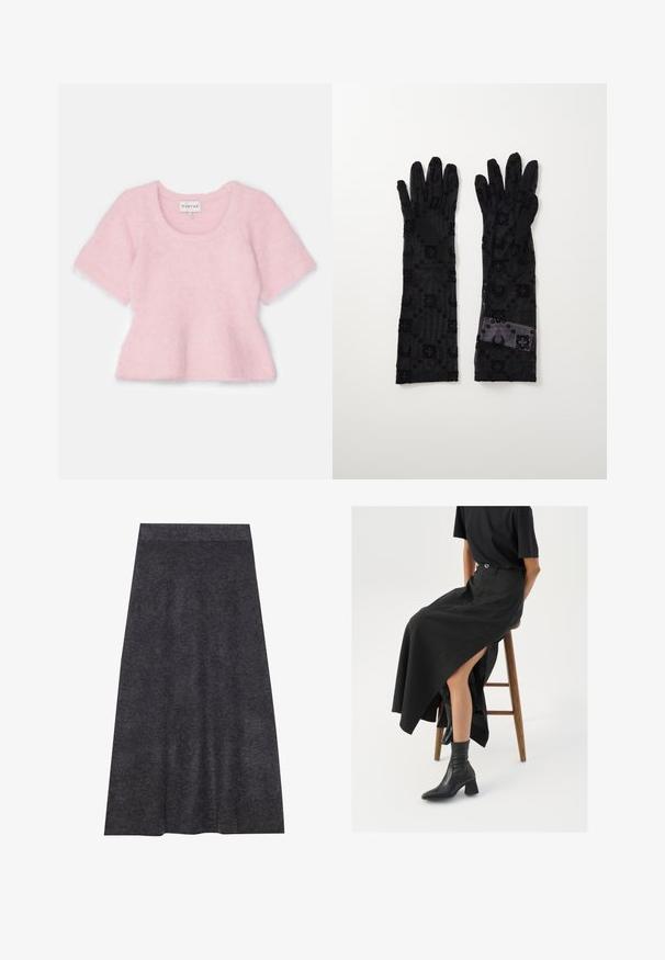 Różowa bluzka z krótkim rękawem o kroju peplum, wykonana z miękkiego, puszystego materiału. Posiada okrągły dekolt i rozkloszowany dół. Metka widoczna od wewnątrz.; Ciemnoszara, dzianinowa spódnica do kolan o gładkiej fakturze i elastycznym pasie. Sylwetka w kształcie litery A z równym dołem, zaprojektowana z myślą o komforcie i wszechstronności.; Czarna lniana spódnica maxi z wysokim rozcięciem, noszona z czarnym t-shirtem i czarnymi botkami sięgającymi kostek. Minimalistyczny design z luźnym krojem.; Czarne rękawiczki wykonane z przezroczystej tkaniny z teksturowanymi wzorami kwiatowymi i okrągłymi. Długi fason z gładkim wykończeniem oraz metką na jednej rękawiczce.
