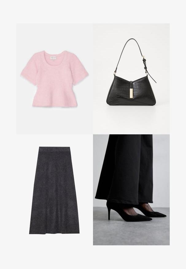 Rozā īsām piedurknēm pepluma tops, izgatavots no mīksta, pūkaina materiāla. Iekļauta apaļa izgriezuma un platā apakšmalas. Etiķete redzama iekšpusē.; Tumši pelēks, līdz ceļiem garš adīts svārks ar gludu faktūru un jostu. A formas siluets ar viendabīgu apakšmalu, izstrādāts komfortam un daudzpusībai.; Melni zamšas augstpapēžu apavi ar norādītiem pirkstiem, valkāti ar melniem platajiem biksēm, izceļas ar elegantu dizainu un maigu spīdumu.; Melnā soma no mākslīga krokodila ādas ar trīsstūra formu, šaura plecu siksna un zelta toņa aksesuārs centrā.; Melni cimdi, kas izgatavoti no caurspīdīga auduma, ar teksturētām ziedu un apļu rakstiem. Garš dizains ar gludu apdari un uzlīmes detaļu uz viena cimdiem.