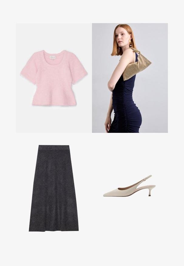 Top peplum corto a maniche corte di colore rosa, realizzato in un materiale morbido e soffice. Presenta una scollatura a girocollo e un orlo svasato. Etichetta visibile all'interno.; Gonna in maglia grigia scura, lunghezza al ginocchio, con texture liscia e cintura. Silhouette a trapezio con orlo dritto, progettata per comfort e versatilità.; Tacchi slingback beige con punta affusolata e tacco basso a campana. Realizzati in pelle liscia con un design minimalista e cinturino regolabile.; Cult Gaia HERA NANO SHOULDER - Pochette - sand dollar; Guanti neri realizzati in tessuto trasparente con motivi floreali e circolari testurizzati. Design lungo con una finitura liscia e un'etichetta dettagliata su un guanto.