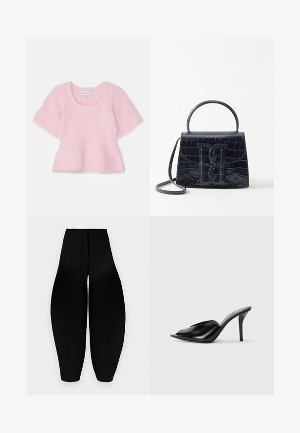 Růžový krátký rukáv peplum top vyrobený z měkkého, nadýchaného materiálu. Má kulatý výstřih a rozšířený lem. Nápis uvnitř viditelný.; Černé široké kalhoty s vysokým pasem, sklady na přední straně a zúženými kotníky. Vyrobeny z hladké látky s matným povrchem.; Černé kožené vysoké muly s otevřenou špičkou, špičatým designem, hladkým povrchem a štíhlým jehlovým podpatkem.; Černá kabelka z krokodýlí kůže s embosovaným vzorem, strukturovaným designem, horním uchycením, nastavitelným popruhem a výrazným logem na přední straně.