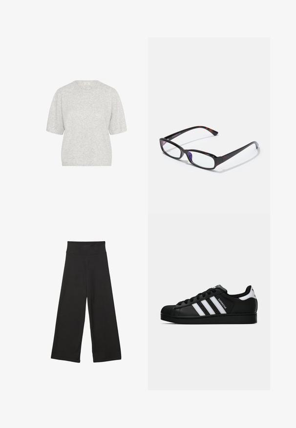 Vaaleanharmaa lyhythihainen neule, pyöreä kaula-aukko, pehmeä rakenne, hieman löysä istuvuus, jossa on minimaalinen heather-kuvio ja ribbireunat.; Mustat leveälahkeiset housut, joissa on korkea joustava vyötärö, pehmeä kangas ja väljät mitat, sopivat arkiseen käyttöön tai rentoihin tiloihin.; Musta Adidas Superstar -lenkkari, jossa on valkoiset raidat, kuorisuoja ja "Superstar"-teksti sivussa, esitetty sivuprofiilissa valkoista taustaa vasten.; Suojalasit suorakulmaisella muotoilulla, kilpikonnakuosisella pinnalla, mustasta muovista valmistetulla rungolla ja kirkkailla linsseillä. Ominaisuuksiin kuuluu ohuet tempit ja lievä kaarevuus päissä.; Hobo-laukku pehmeästä beige-suedesta, jossa on löysä muoto, leveä olkahihna ja käsinommeltu sauma edessä.