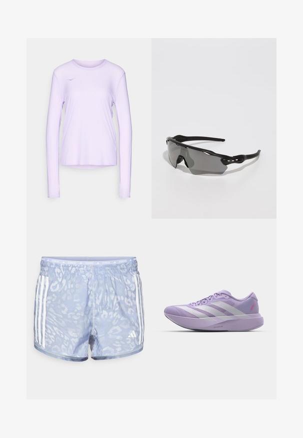 HOKA AIROLITE RUN LONG SLEEVE - Ilgarankovis viršutinės dalies drabužis - aster flower; Šviesiai mėlyni bėgimo šortai su subtiliu leopardų raštu, elastinga juosmens juosta ir trimis baltais dryžiais kiekvienoje pusėje.; Šviesiai violetinė bėgimo avalynė su tinkline viršutine dalimi, balta trijų juostų dizainu, tekstūruota apdaila ir storu putplasčio tarpu, pažymėtu "LIGHTSTRIKE PRO."; Juodos sportinės saulės akinius su elegantišku dizainu, apvaliais lęšiais, pilkų atspalvių lęšiais ir tekstūruotomis juodomis kojelėmis. Nėra matomų logotipų.