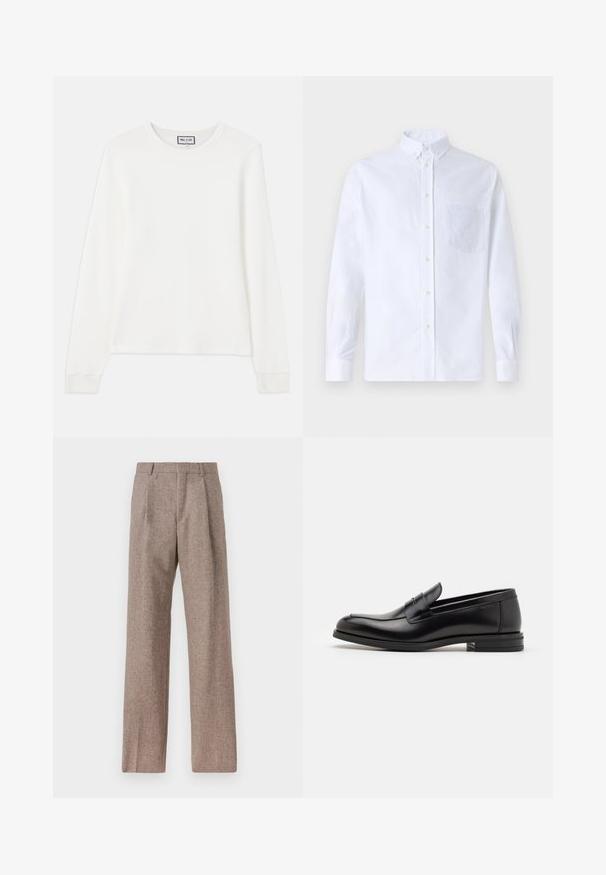 Balta gariem piedurknēm ribota adīta krekla augšdaļa ar apaļu kakla izgriezumu un pieguļošiem piedurknēm. Uz kakla ir birka ar uzrakstu "PAUL & JOE".; Balts garo piedurknēm krekliņš ar pogām, izgatavots no kokvilnas, ar krūšu kabatu ar tonālu izšuvumu, apkakli un pogām pie piedurknēm.; Brūni, augstos šortos izgatavoti no teksturēta auduma. Iezīmē plašas kājas un divas priekšējās krokas, kas nodrošina struktūru. Kārtīga apdare bez redzamām detaļām.; Melnas ādas kurpes ar gludu tekstūru, noapaļu purngalu un dekoratīvu siksniņu pāri priekšpusei. Zems sakrauts papēdis, minimālisma dizains.