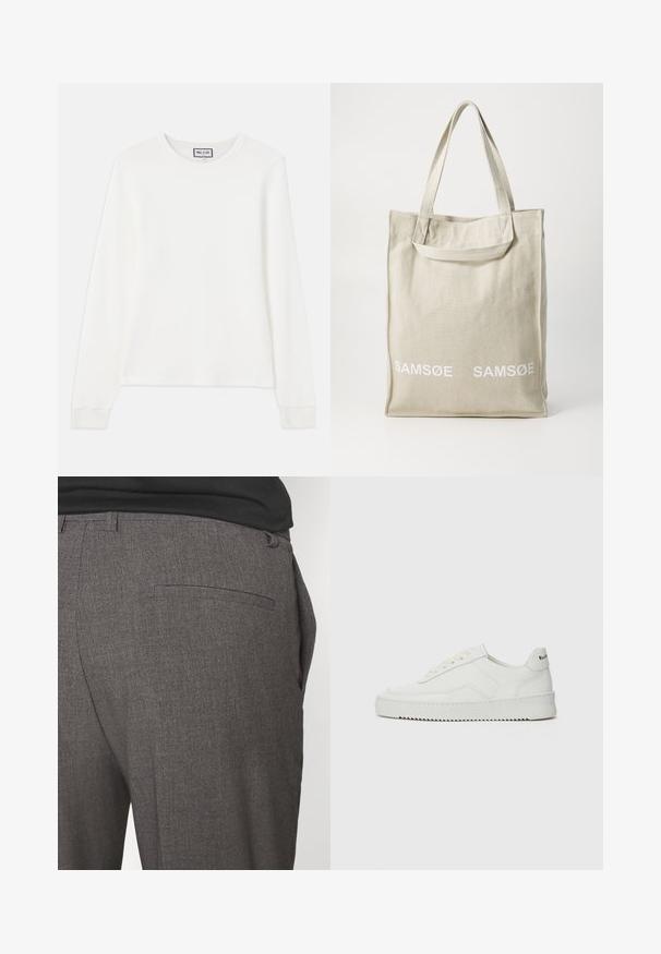 Maglietta a maniche lunghe bianca in maglia rigata con scollo rotondo e polsini aderenti. Presenta un'etichetta con la scritta "PAUL & JOE" sul colletto.; Pantaloni grigi su misura con una texture liscia, dotati di una sola tasca posteriore e un design slim fit. Il tessuto presenta un motivo sottile.; Sneaker in pelle bianca con una finitura liscia, punta rotonda, lacci piatti e suola testurizzata. Presenta un logo discreto sul tallone.; Borsa in tela di colore beige chiaro con manici doppi, con il logo "SAMSOE" stampato in bianco sul davanti. Forma rettangolare con design semplice.