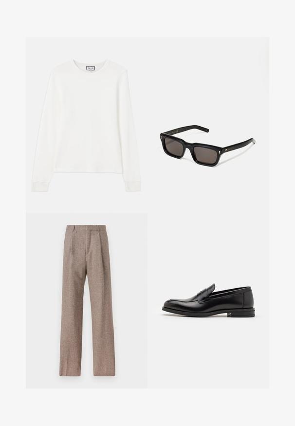 Weißes Langarm-Rippstrickoberteil mit Rundhalsausschnitt und engen Bündchen. Mit einem Etikett mit der Aufschrift "PAUL & JOE" am Kragen.; Braune, hochtaillierte Hose aus strukturiertem Stoff. Mit weitem Bein und zwei vorderen Bügelfalten für zusätzliche Form. Saubere Verarbeitung ohne sichtbare Hardware.; Schwarze Lederloafers mit glatter Textur, rundem Zehenbereich und einem dekorativen Riemen über dem Vorderfuß. Niedriger, gestapelter Absatz, minimalistisches Design.; Schwarze rechteckige Sonnenbrille mit dunklen Gläsern, dickem Kunststoffrahmen, goldenen Akzenten an den Bügeln und eingraviertem Markenlogo am Arm.