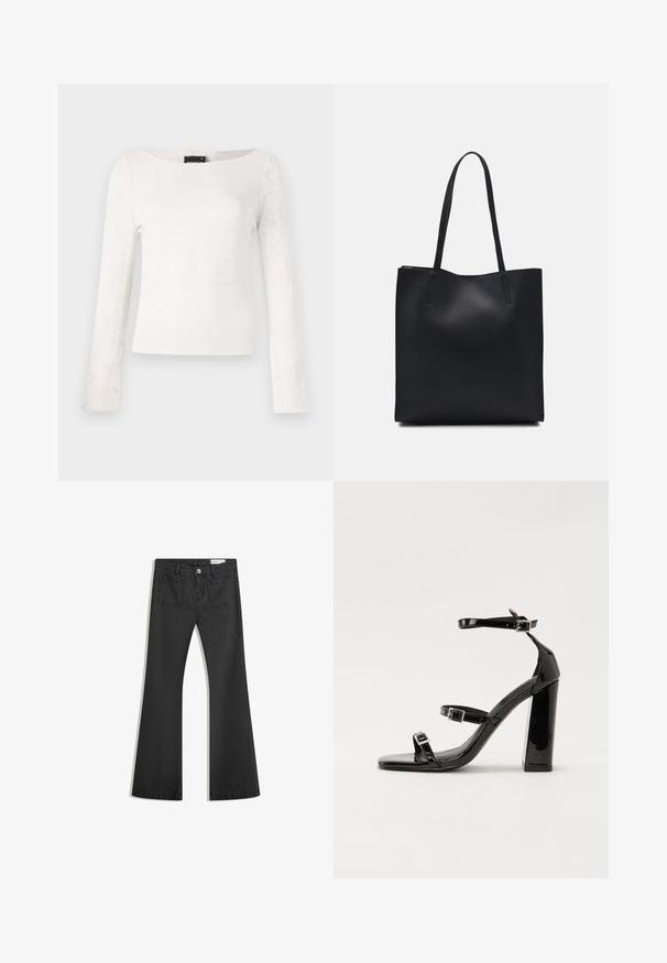 Fehér, hosszú ujjú felső virágmintás textúrával, kerek nyakkivágással és karcsú szabással. Puha anyag, sima felülettel.; Fekete, sima textúrájú farmer flare nadrág, két hátsó zsebbel és gombos derékkal.; Fekete lakk magas sarkú szandál négyzet alakú orral, bokapántokkal és ezüst csatokat tartalmaz. Masszív blokk sarka a stabilitásért felel.; Fekete bőrtáska sima felszínnel, téglalap alakú, két hosszú füllel. Nincs látható fémkiegészítő vagy díszítés.