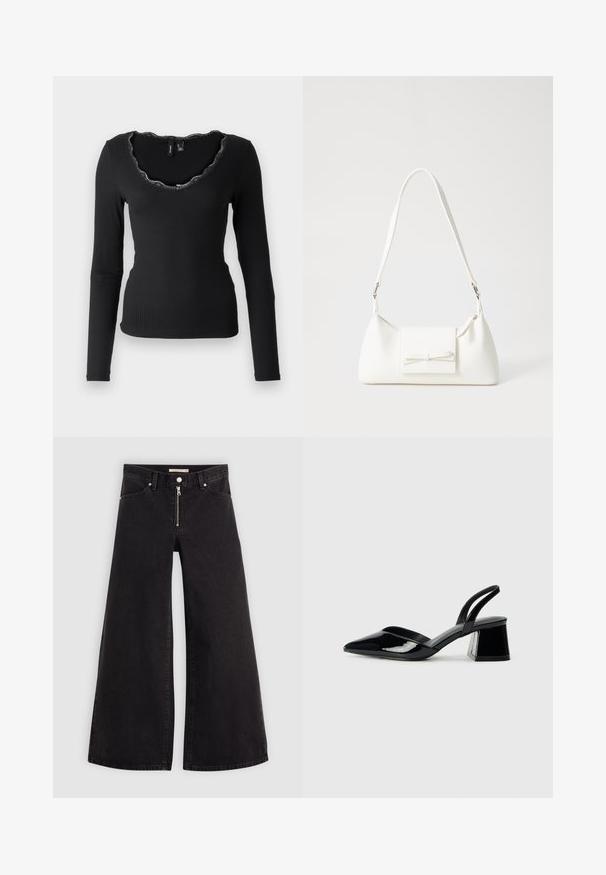 Vero Moda VMMILY V NECK - Top dugih rukava - black; Široke traperice od crnog denima s prednjim zatvaračem, dizajnom s pet džepova i suptilnim detaljima šivanja. Glatka tekstura i ležeran stil.; Crne lakirane kožne sandale s otvorenom petom i špicastim vrhom, s geometrijskom blok petom. Imaju elegantan, minimalistički dizajn i glatku teksturu.; Bijela sintetička torbica s trokutastim oblikom, ravnim prednjim poklopcem i detaljem u obliku mašne, podesivom remenom, glatkom teksturom i minimalističkim dizajnom.