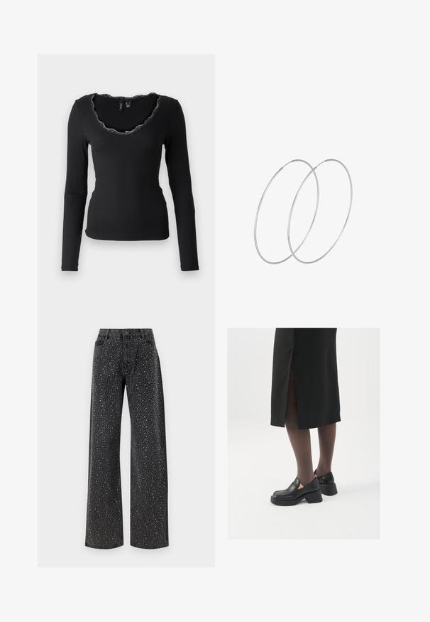 Vero Moda VMMILY V NECK - Top s dlouhým rukávem - black; Noisy May NMJANNEL LOOSE - Džíny Relaxed Fit - black denim; Černé kožené boty s kulatou špičkou, silným blokovým podpatkem a elastickými bočními akcenty, spárované s tmavými punčochami a černou sukní se rozparkem.; Stříbrné kruhové náušnice s minimalistickým designem. Kruh, hladký povrch a tenký profil. Lehká konstrukce s lesklým povrchem.