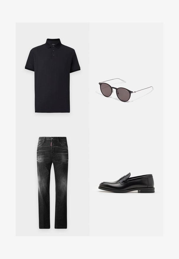 Černé polo tričko s texturovaným vzorem, zapínáním na tři knoflíky a klasickým límcem. Krátké rukávy a rovný lem. Měkká látka.; Černé džíny z denimu se rovnými nohavicemi. Obsahují vybledlé oblasti, drobné poškození, klasický pětikapsový design a zapínání na knoflík.; Černé kožené polobotky s hladkou texturou, zaoblenou špičkou a zdobným páskem přes nárt. Nízký stohovaný podpatek, minimalistický design.; Černé kulaté sluneční brýle s tmavými skly a tenkými kovovými nohami. Obsahují průhledné koncovky nožiček a stříbrné akcenty na pantu. Minimalistický design.