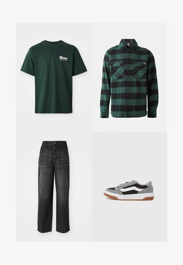 Tricou din bumbac verde, cu guler rotund, mâneci scurte și un logo alb în partea stângă sus. Croială ușor relaxată și textură netedă.; Cămașă din flanel cu carouri verzi și negre, cu mâneci lungi, închidere cu nasturi în față, două buzunare pe piept și guler clasic. Textură moale, design versatil.; Pantaloni largi din denim negru cu talie înaltă, închidere cu nasture și design cu cinci buzunare. Textură moale cu un finisaj ușor decolorat.; Adidași din suede gri și negru cu accente albe și talpă din cauciuc de tip gumă, având vârf rotund și design cu șireturi.