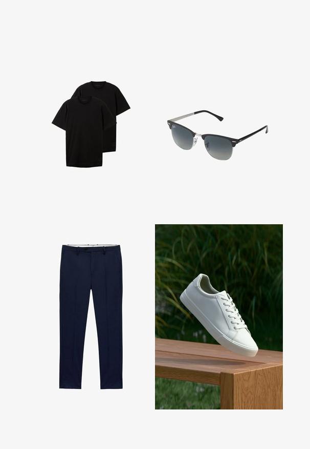 Sorte bomulds t-shirts, rund hals, korte ærmer, afslappet pasform, med et lille logo på den nederste venstre side, solgt som et sæt af to.; Mørkeblå bukser med slim fit og nålestribet mønster. Har lynlåsgylf, bæltestropper og forlommer. Glat stofstruktur.; Hvide snørresneakers svævende over en træbænk med grønne planter i baggrunden, der fremhæver skodesign og tekstur.; Sorte og sølv solbriller med katteøje-form, gradient linser og metalliske detaljer på rammen. Plastiske arme med grå spidser.