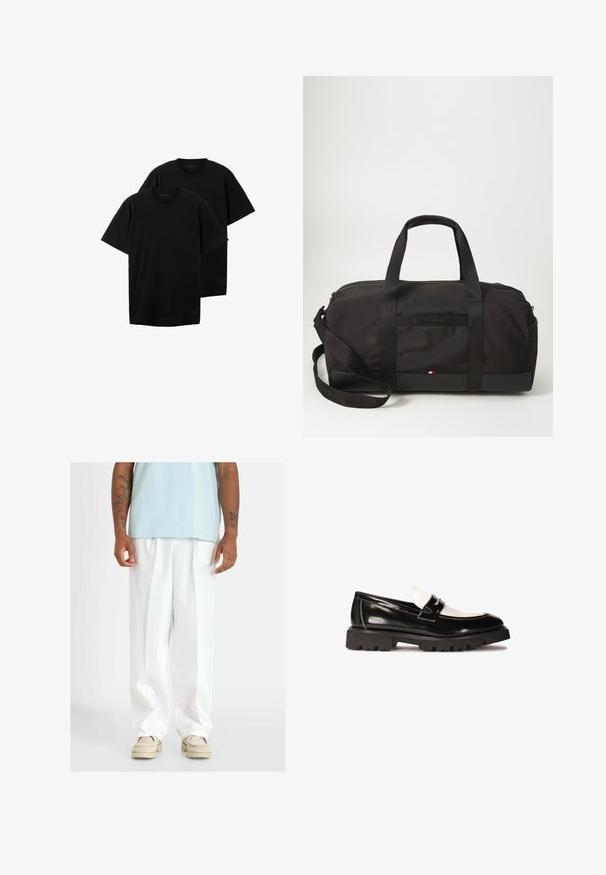 Czarne t-shirty bawełniane, okrągły dekolt, krótkie rękawy, luźny krój, z małym logo po lewej stronie u dołu, sprzedawane w zestawie dwóch sztuk.; Białe spodnie szerokie w nogawkach o gładkiej fakturze, z fałdami z przodu. Noszone z jasnoniebieską bluzką i beżowymi butami.; Czarne lakierowane mokasyny z białym skórzanym akcentem, grubą czarną gumową podeszwą z bieżnikiem i przeszywanymi detalami. Gładka tekstura o połyskującym wykończeniu.; Czarna torba sportowa wykonana z wytrzymałego materiału, z podwójnymi uchwytami, odpinanym paskiem, zamknięciem na zamek błyskawiczny oraz małym logo u dołu.
