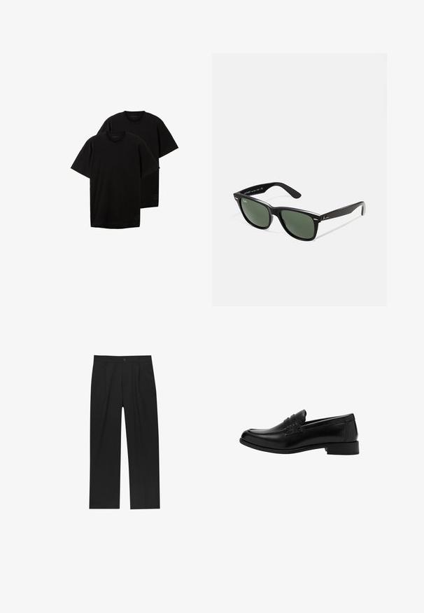 Tricouri negre din bumbac, guler rotund, mâneci scurte, croială lejeră, prezentând un logo mic în partea stângă jos, vândute ca un set de două.; Pantaloni negri cu un design drept, fabricați dintr-un material neted. Au plisse în față și un sistem de închidere cu un singur buton la talie.; Mocasin din piele neagră cu vârf rotunjit, detalii pliate în partea din față, accente texturate și toc mic, așezat pe un fundal simplu.; Ochelari de soare din plastic negru cu lentile verzi, rame pătrate, accent argintiu pe sprânceană și brațe texturate. Marca este menționată pe brațul interior.
