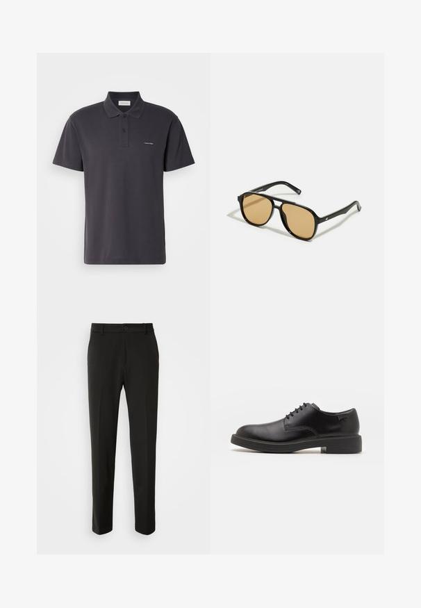 Mørkegrå polo shirt lavet af glat stof, med krave, to-knaps knaplukning og et lille broderet logo på brystet.; Sorte bukser lavet af glat stof, med lige ben, en knaplukning og et klassisk design, der er velegnet til både formelt og uformelt brug.; Sorte læder snørestøvle med rund tå, glat tekstur, minimal syning og lav gummihæl. Logo på hælen.; Sorte solbriller med brune tonede linser; rektangulær form med en tyk ramme, herunder diskrete hardwaredetaljer på stængerne.