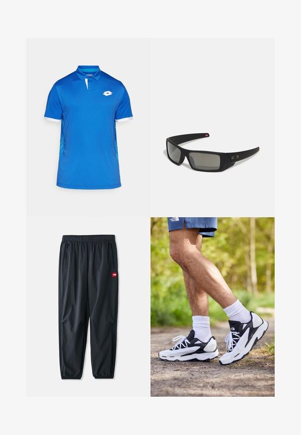 Blå polo-skjorte med hvit krage og detaljer, med et geometrisk mønster på sidene. Laget av lett, glatt stoff.; Sorte lette bukser laget av syntetisk materiale, med elastisk linning, glidelåslommer på siden, og en liten rød logo-patch.; Svart-hvite joggesko med mesh-overdel, teksturerte detaljer og hvite snøringer. Brukes med hvite ankelstrømper og marineblå shorts på en sti.; Sorte solbriller med mat finish, rektangulære linser, lett kurv på brillestengene, diskret logo detaljer, og røyktinted linser.