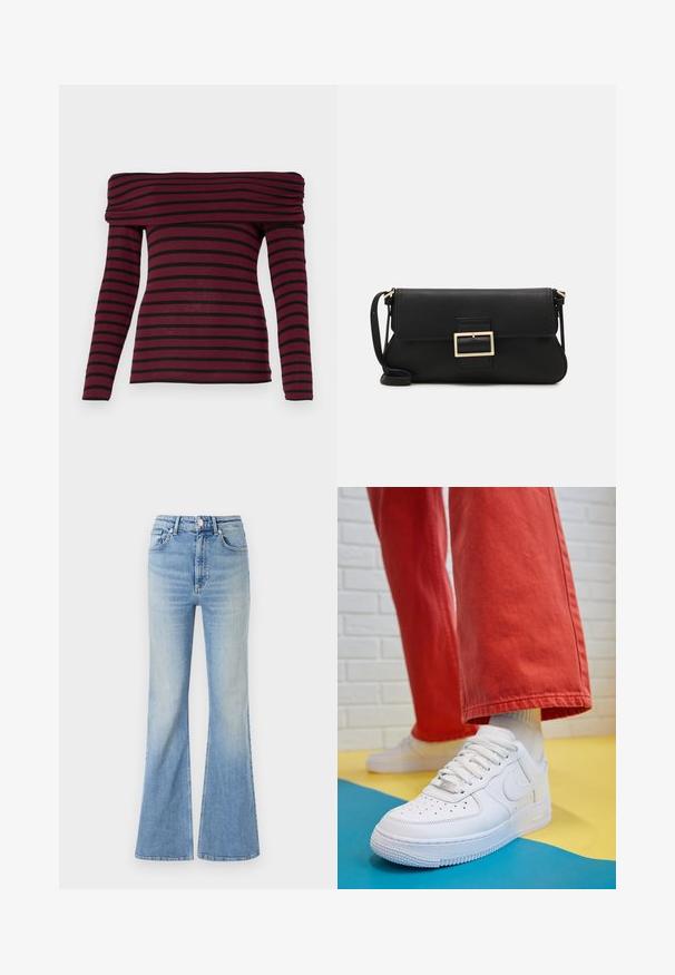 Burgundijas off-shoulder garām piedurknēm virs tops ar melnām horizontālām svītrām, ar saplacinātu kakla izgriezumu un pieguļošu siluetu. Mīksta auduma tekstūra.; Gai zili flared džinsi, kas izgatavoti no denima, ar augstu jostasvietu, piecu kabatu dizainu un maigu gradientu izbalēšanu uz apakšmalas.; Baltās ādas kedas ar perforētu purngalu, teksturētu zoli un baltām auklām, apvienotas ar platām sarkanām biksēm un zilu un dzeltenu fona.; Melnas ādas saķeres soma ar atloku un zelta metāla sprādzi. Ietver melnu siksnu un elegantu, minimālistisku dizainu.; Zelta auskari ar gludu, spīdīgu apdari. Apaļš dizains, kas ietver mazu tapu un caurspīdīgu pamatni drošai valkāšanai.