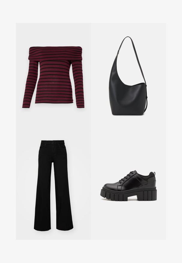 Burgundinės off-shoulder ilgomis rankovėmis palaidinė su juodomis horizontaliomis juostelėmis, turinti susirinkusią apykaklę ir prigludusią siluetą. Minkštas audinys.; Juodos plačios kelnės iš denimo, turinčios struktūruotą juosmenį, diržo kilpas ir priekines kišenes. Lygus paviršius su klasikinio dizaino elementais.; Juodi odiniai platformos batai su masyviu blokuota kulniuku, apvalia nosimi ir tradiciniu šnypštimo dizainu. Turintys glotnų paviršių ir minimalų dekoravimą.; Juodas odinis hobo maišas su lygiu paviršiumi, kreipta forma ir viena reguliuojama rankena; turi platų atidarymą viršuje.